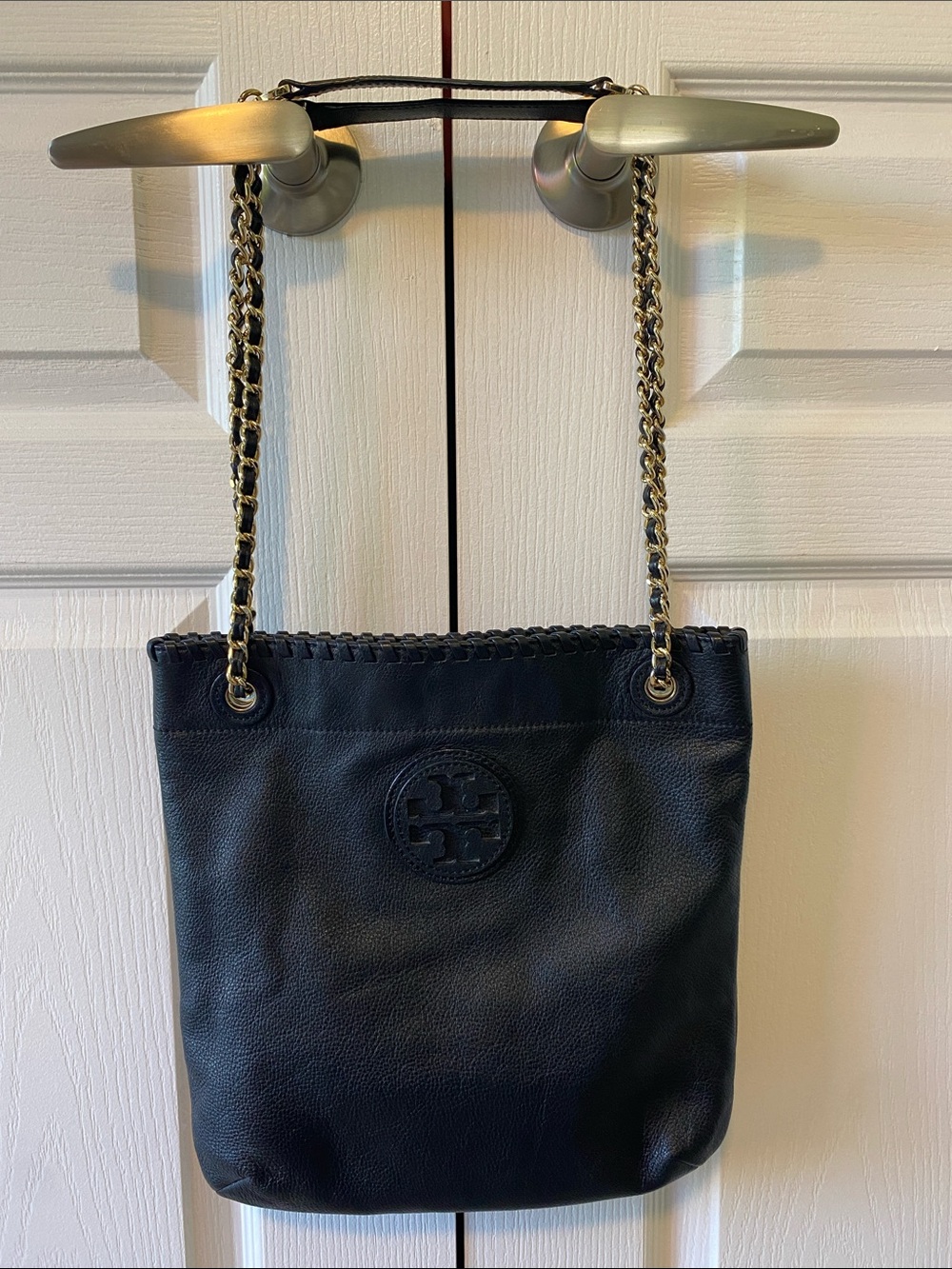 Tory Burch Marion Black Leather Chain Shoulder Tote Bag Gold Hardware
